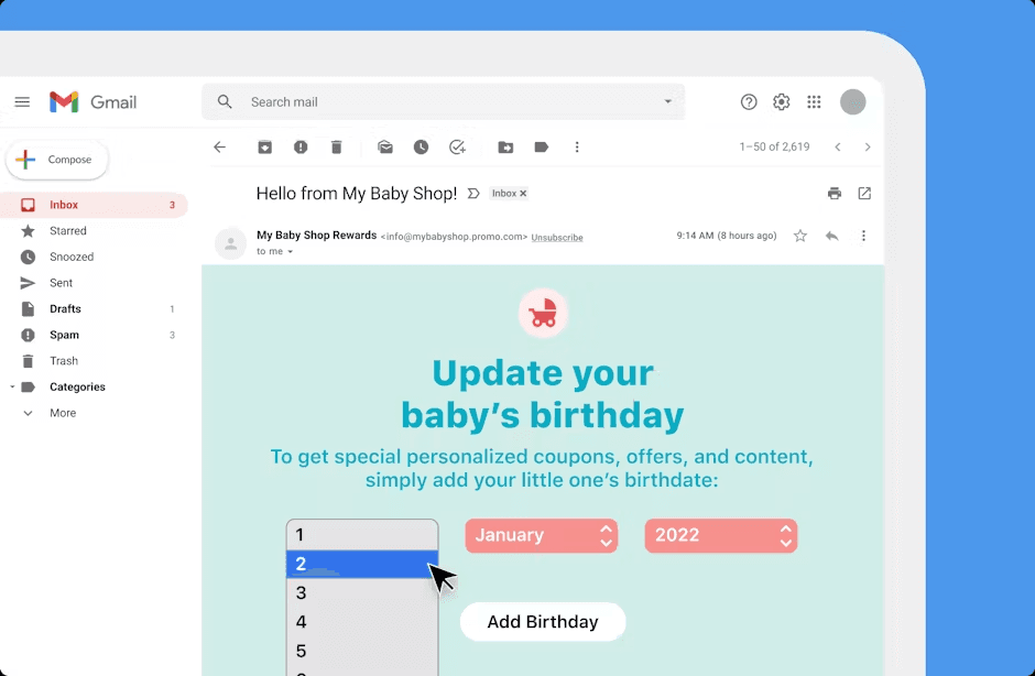 an email from my baby shop asking you to update your baby 's birthday