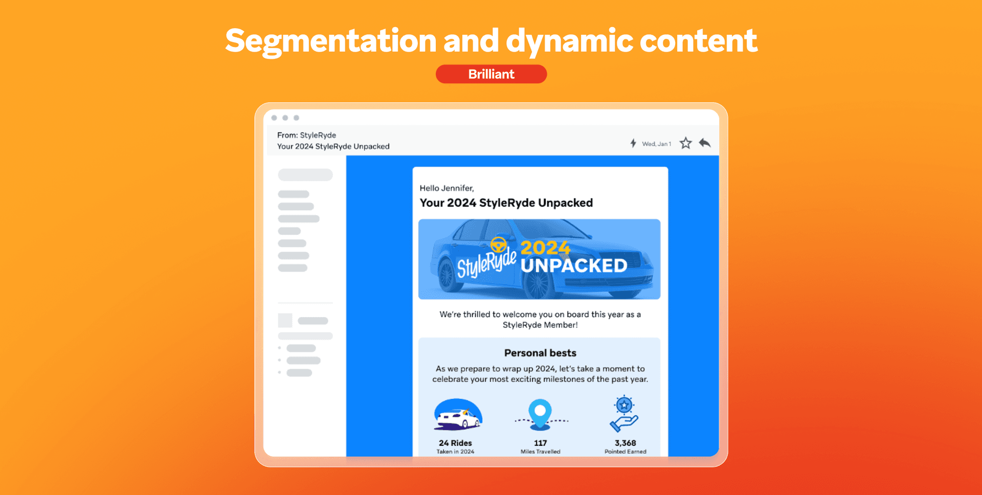 A laptop screen displays a personalized "StyleRyde Unpacked" email with a car graphic and user statistics, illustrating segmentation and dynamic content.