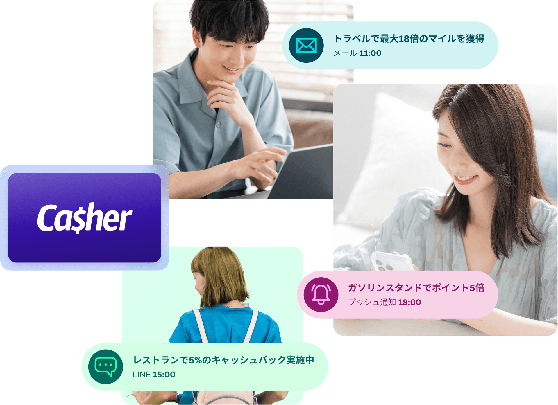 A collage of people using digital devices, surrounded by app notifications in Japanese and a "Ca$her" logo.