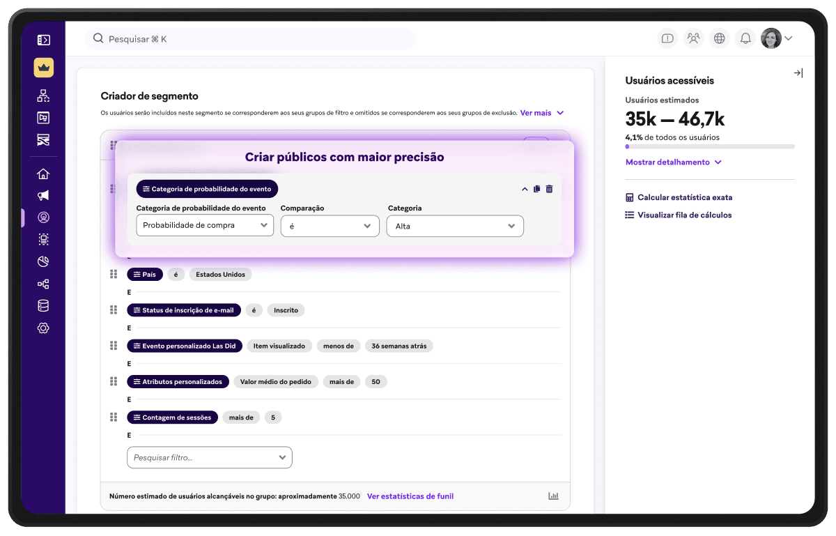 Página com o painel do Segment Builder