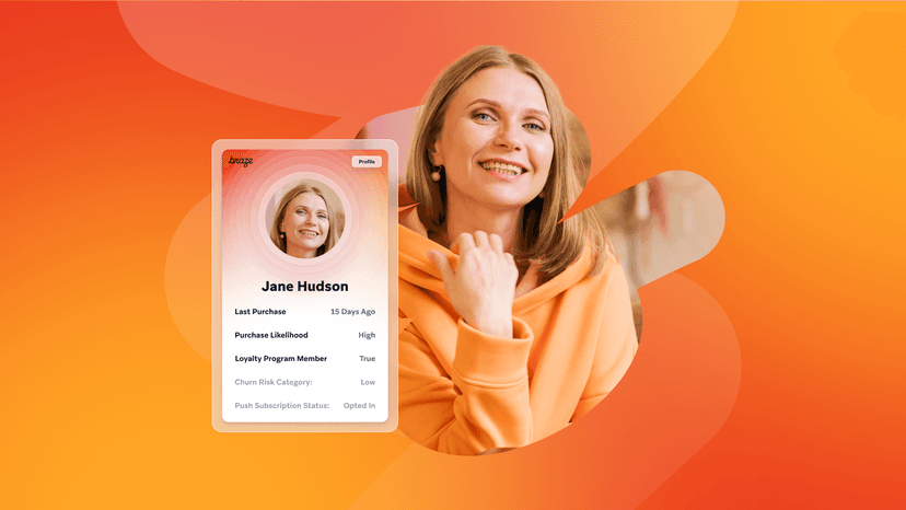 Smiling woman in an orange hoodie next to a digital profile card showing her photo, name 'Jane Hudson', and customer data.