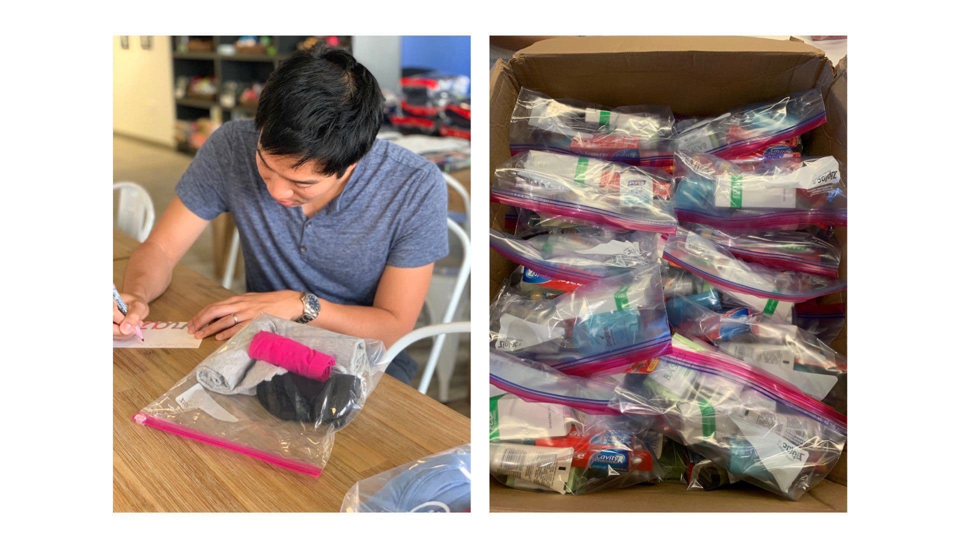 Braze employees assembling toiletry kits for New York’s Ali Forney Center and San Francisco’s Larkin Street Youth Services during LGBTQIA Pride Month sponsored by the Pride@Braze ERG