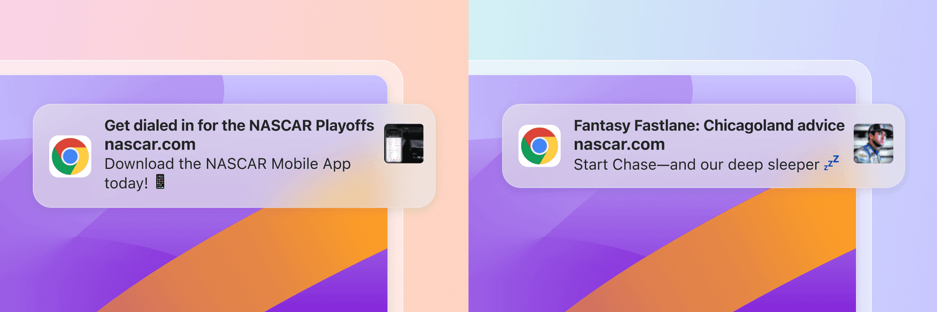 Two notifications from nascar.com with Chrome logos, about NASCAR playoffs and fantasy.