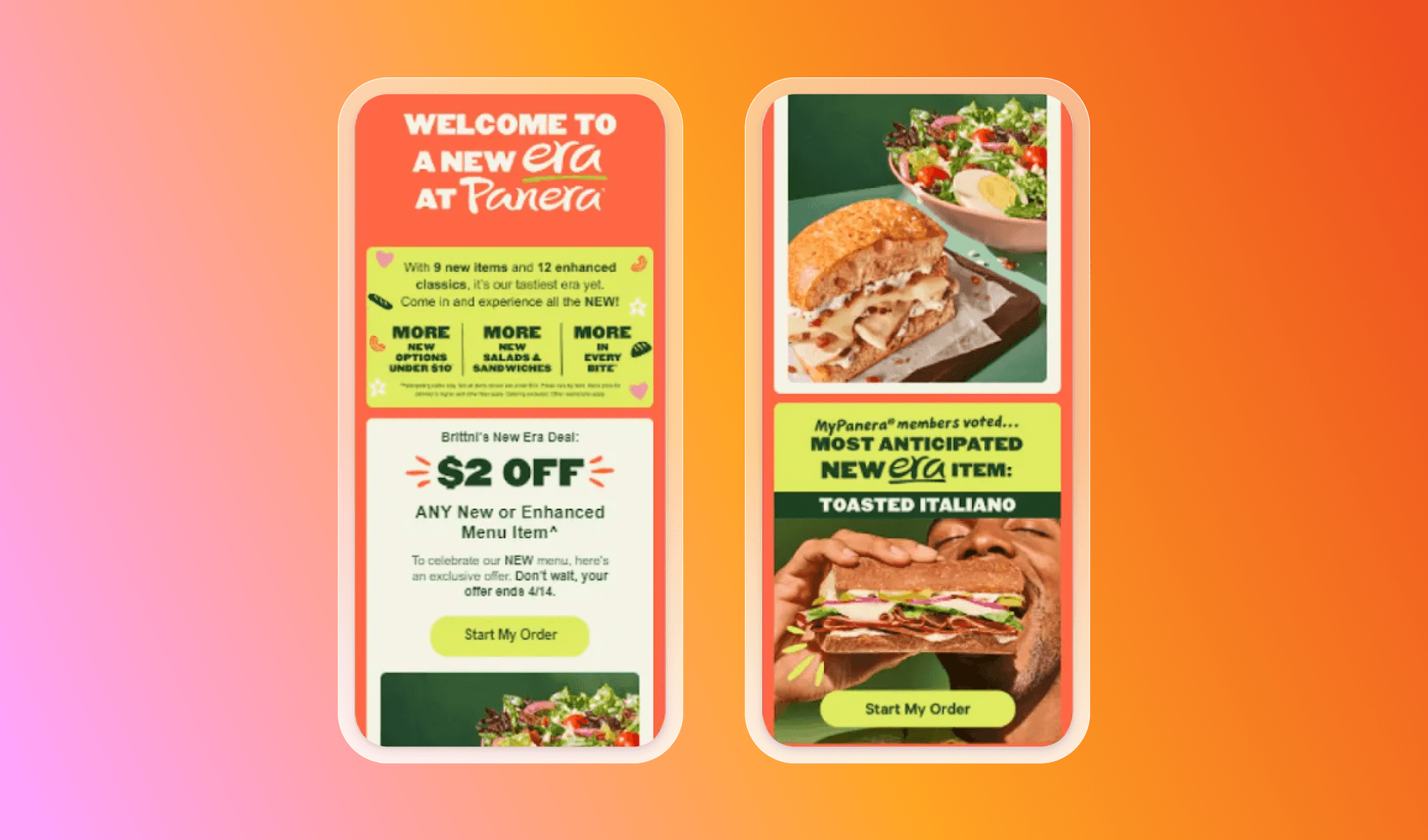 Two mobile phone screens display Panera Bread advertisements for a new menu era, featuring a $2 discount and images of sandwiches and salads.