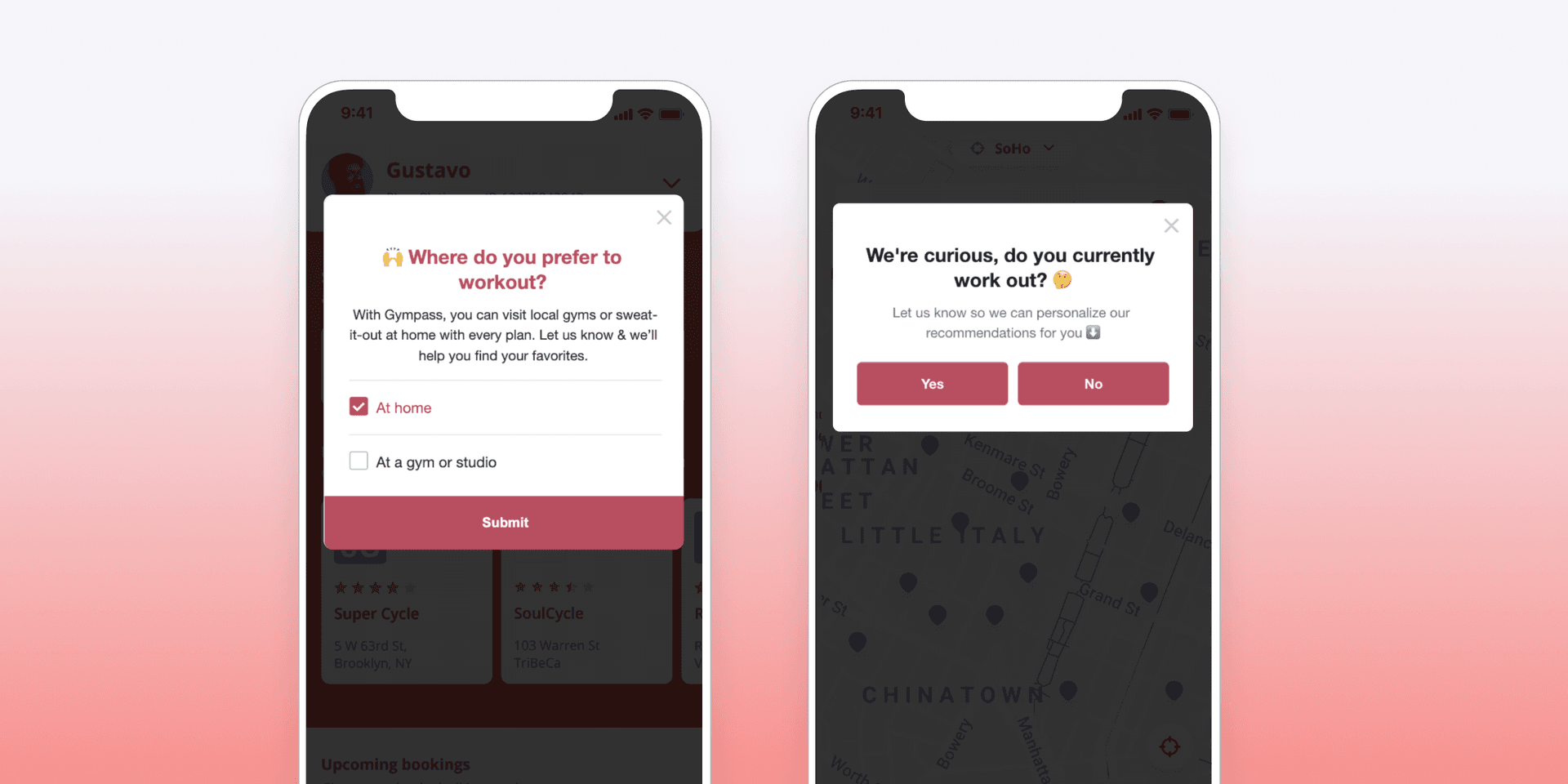 Uma notificação por push e uma mensagem no app do Gympass perguntando aos usuários como eles gostam de se exercitar