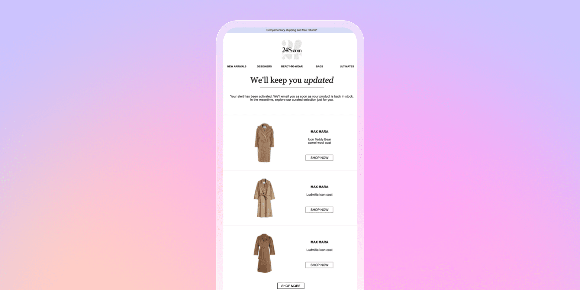 Mobile phone displaying an email with a 'We'll keep you updated' message and three identical brown trench coats.