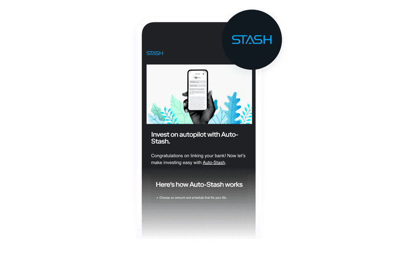 Smartphone displaying the Stash app's 'Auto-Stash' feature for automated investing, with the Stash logo.