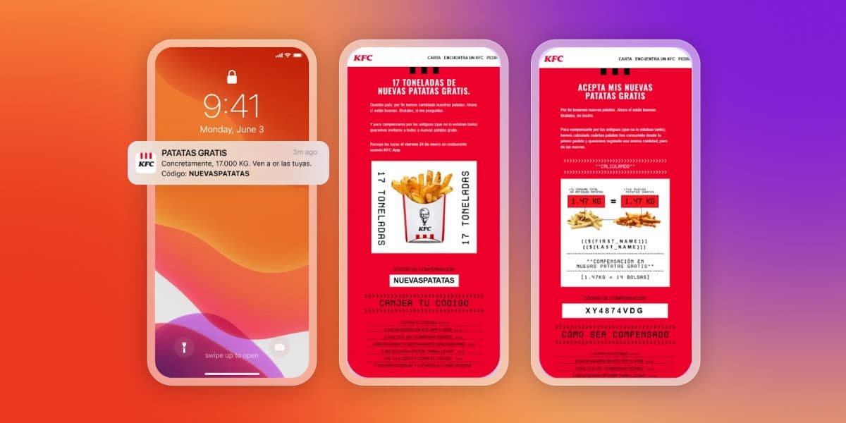 Smartphone displaying a KFC notification for free fries and two app screens promoting 17 tons of free fries with redemption details.