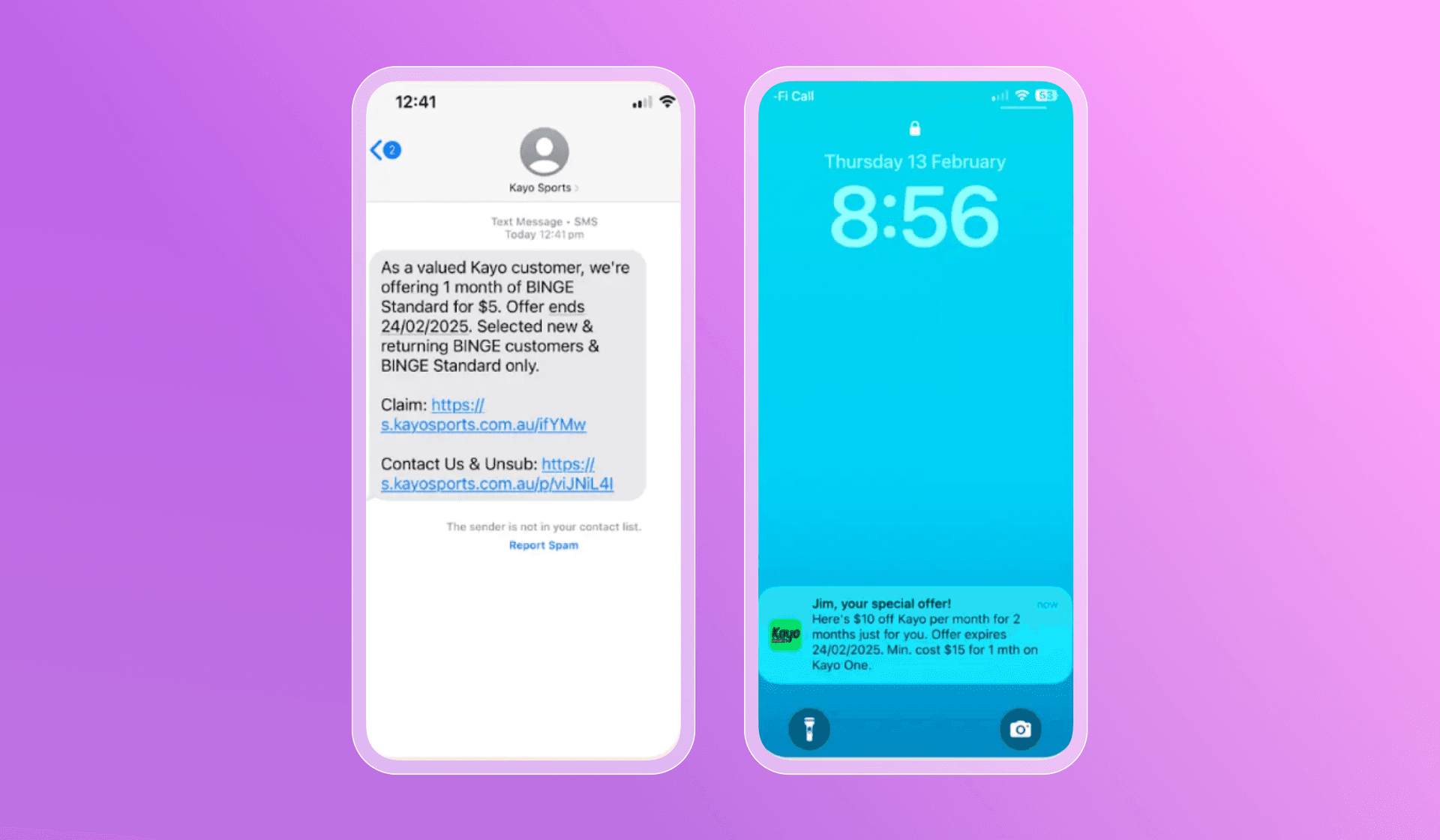 Two iPhones display offers from Kayo and BINGE: a text message from Kayo Sports and a Kayo notification on a lock screen.