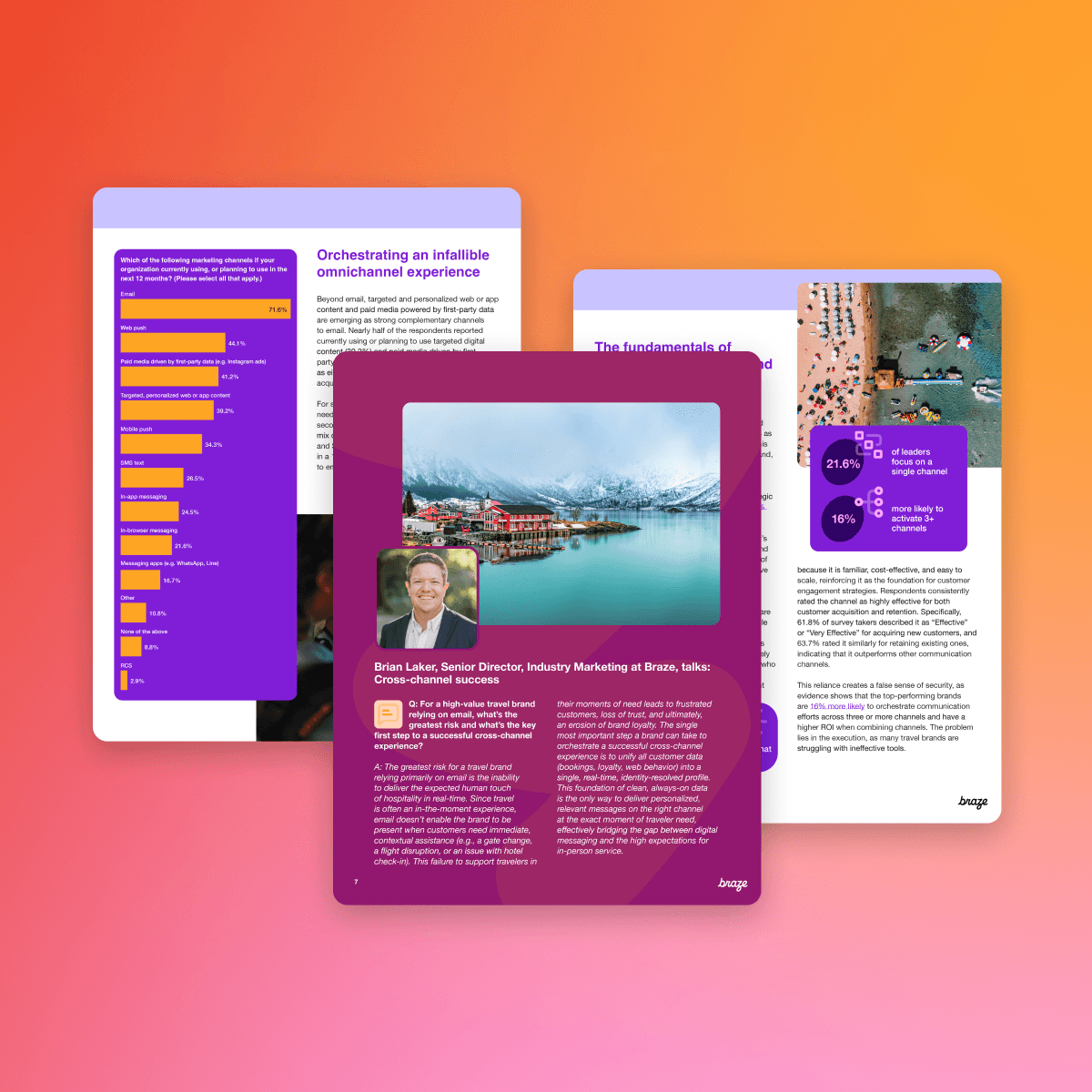 Three digital business reports on omnichannel marketing, displaying bar and pie charts, a scenic lake, and a busy beach.