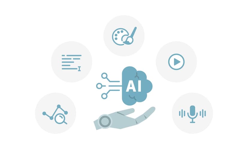 a hand is holding a cloud with the word ai on it surrounded by icons .