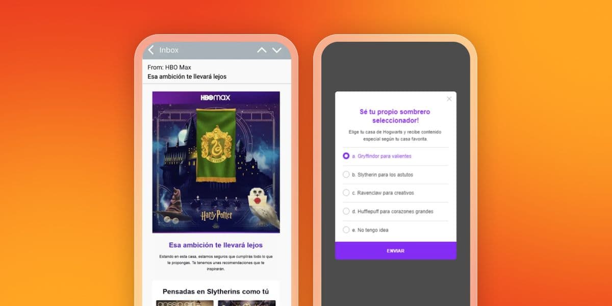 Two smartphones display Harry Potter-themed content: an HBO Max email with a Slytherin banner and a Hogwarts house sorting quiz.