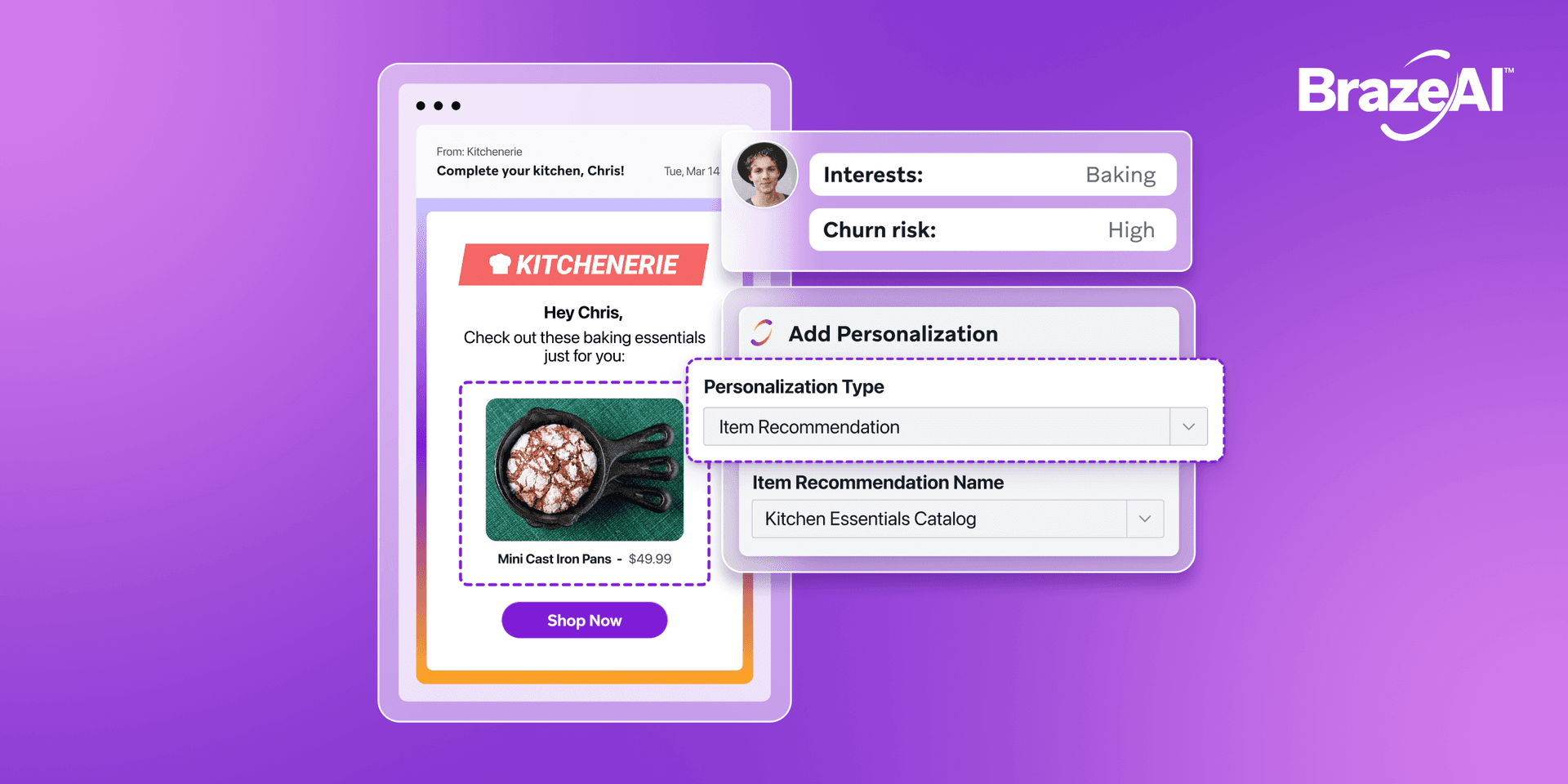 BrazeAI interface showing a personalized email with baking item recommendations, alongside panels displaying user interests, churn risk, and item recommendation settings.