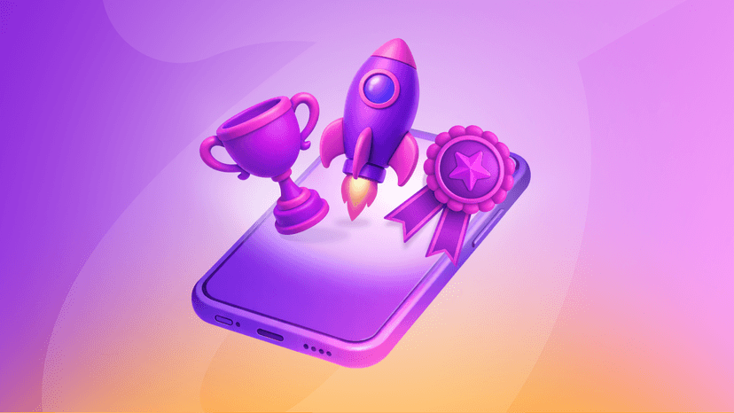3D purple trophy, rocket, and medal floating above a smartphone.