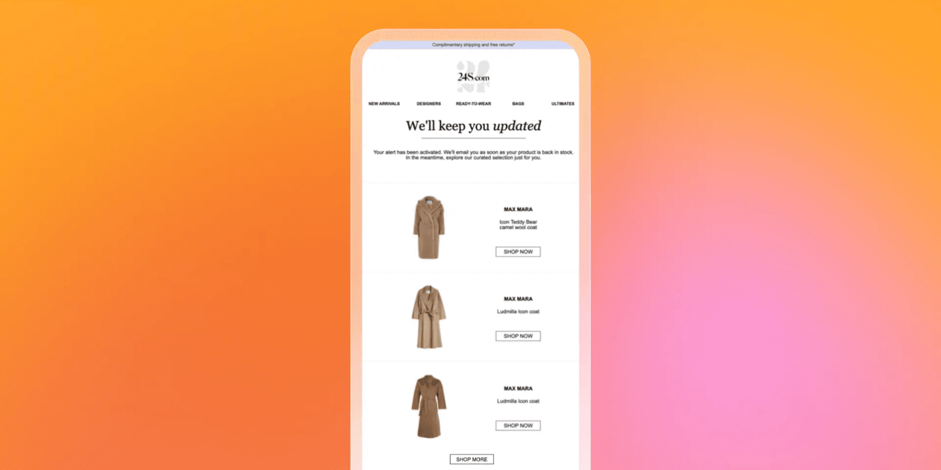 A mobile phone displaying a 24S email with three trench coats and the text "We'll keep you updated" on an orange and pink gradient background.