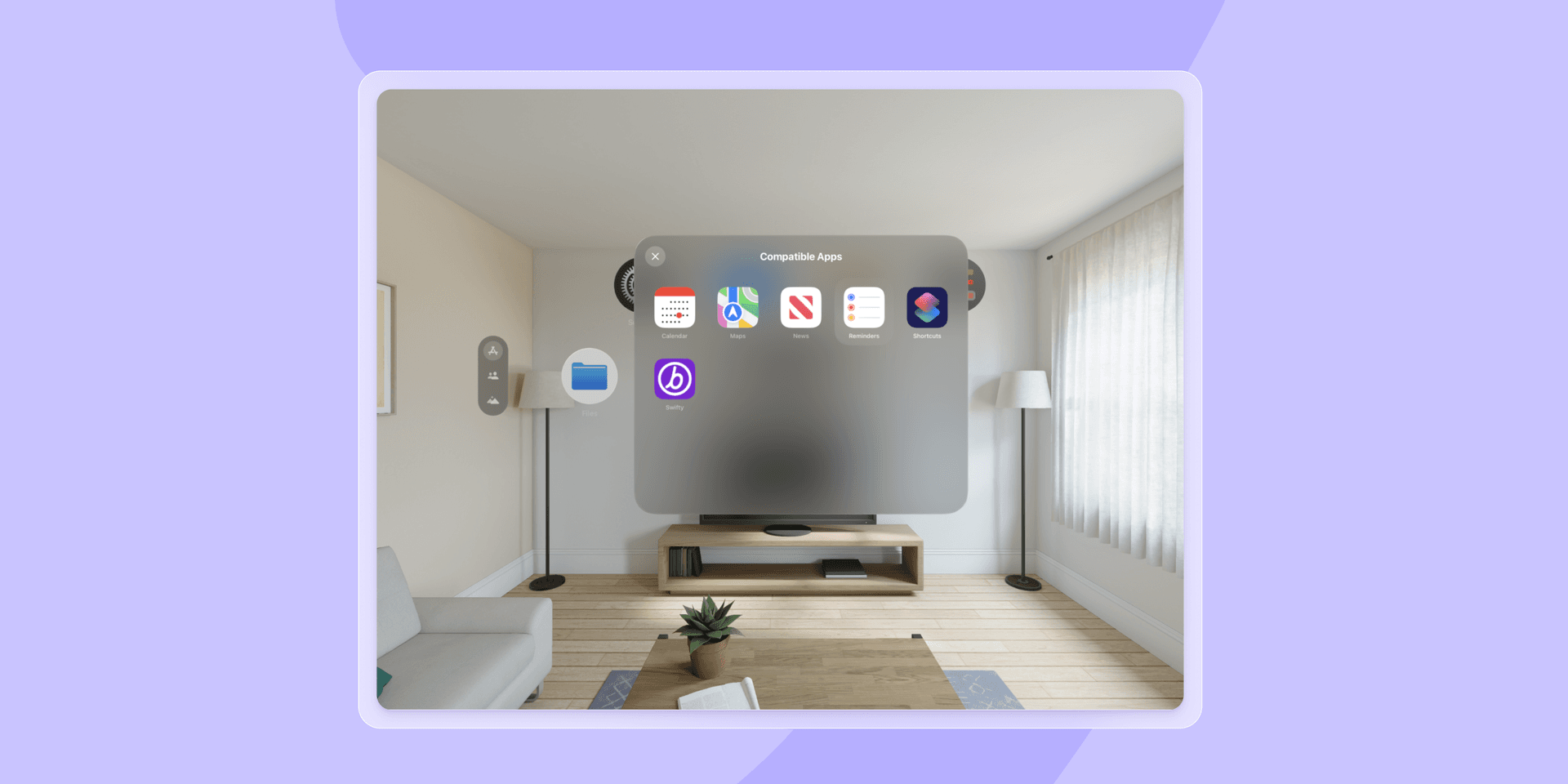 a tablet screen shows a living room with compatible apps