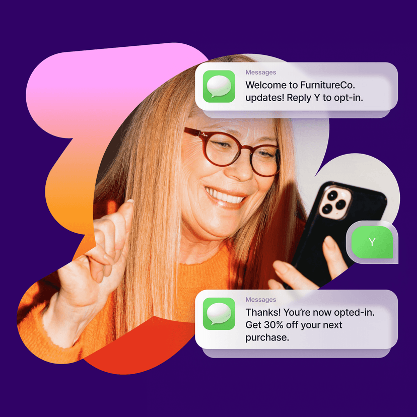 a photo of a person with two SMS messages beside them