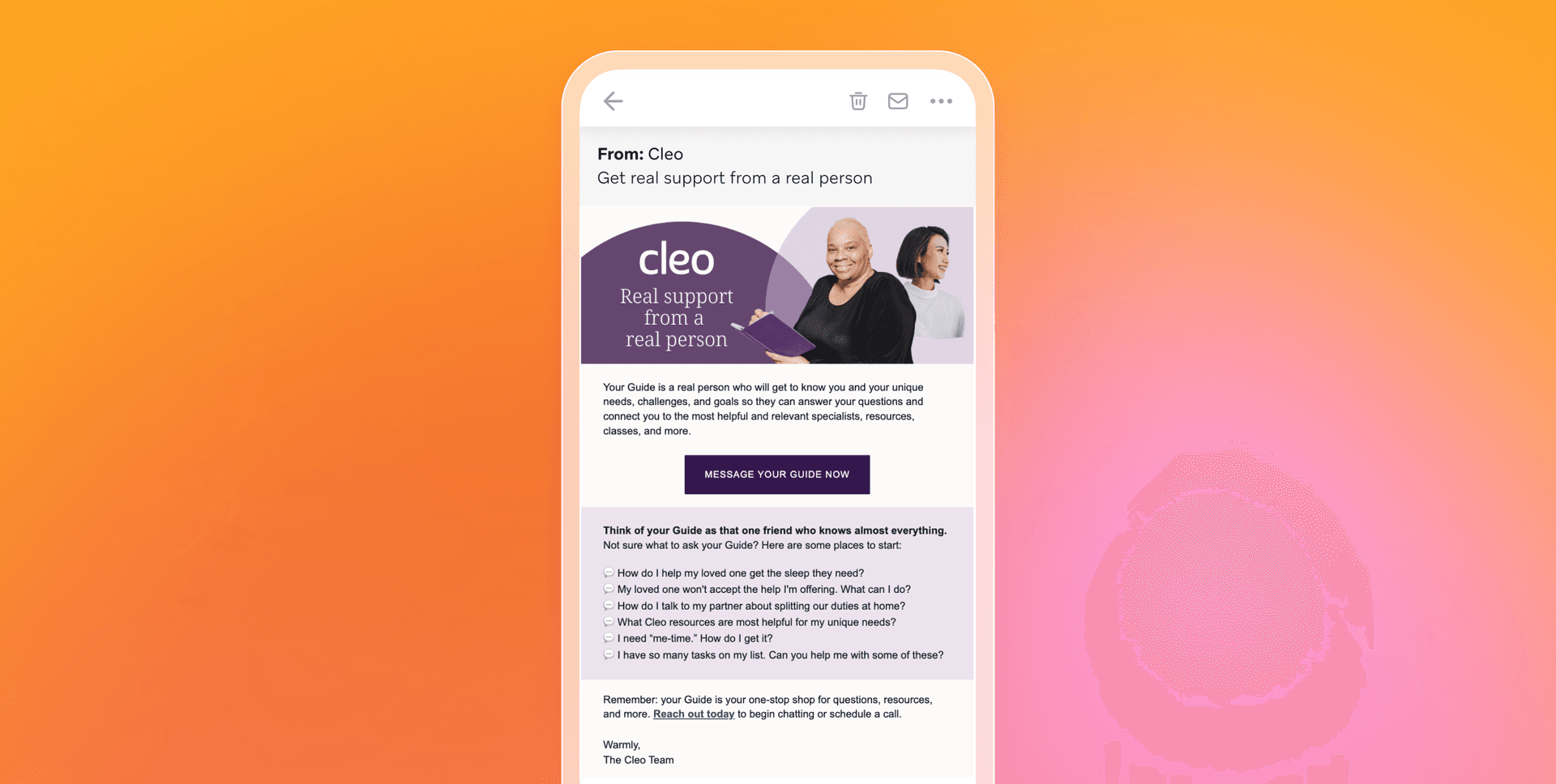 An email from Cleo about getting support from a real person