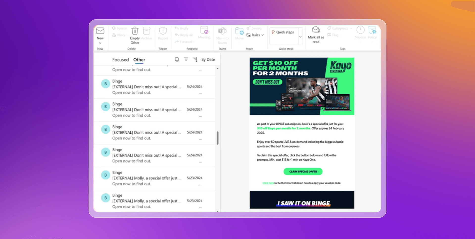 An email client displays an inbox on the left and an opened Kayo Sports promotional email for $10 off on the right.