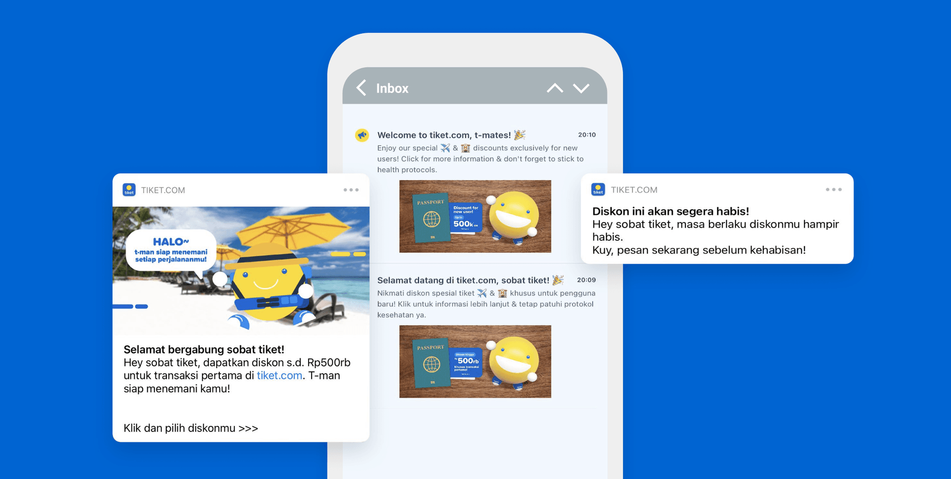 A smartphone displaying an inbox surrounded by tiket.com travel ads featuring a smiling yellow character.