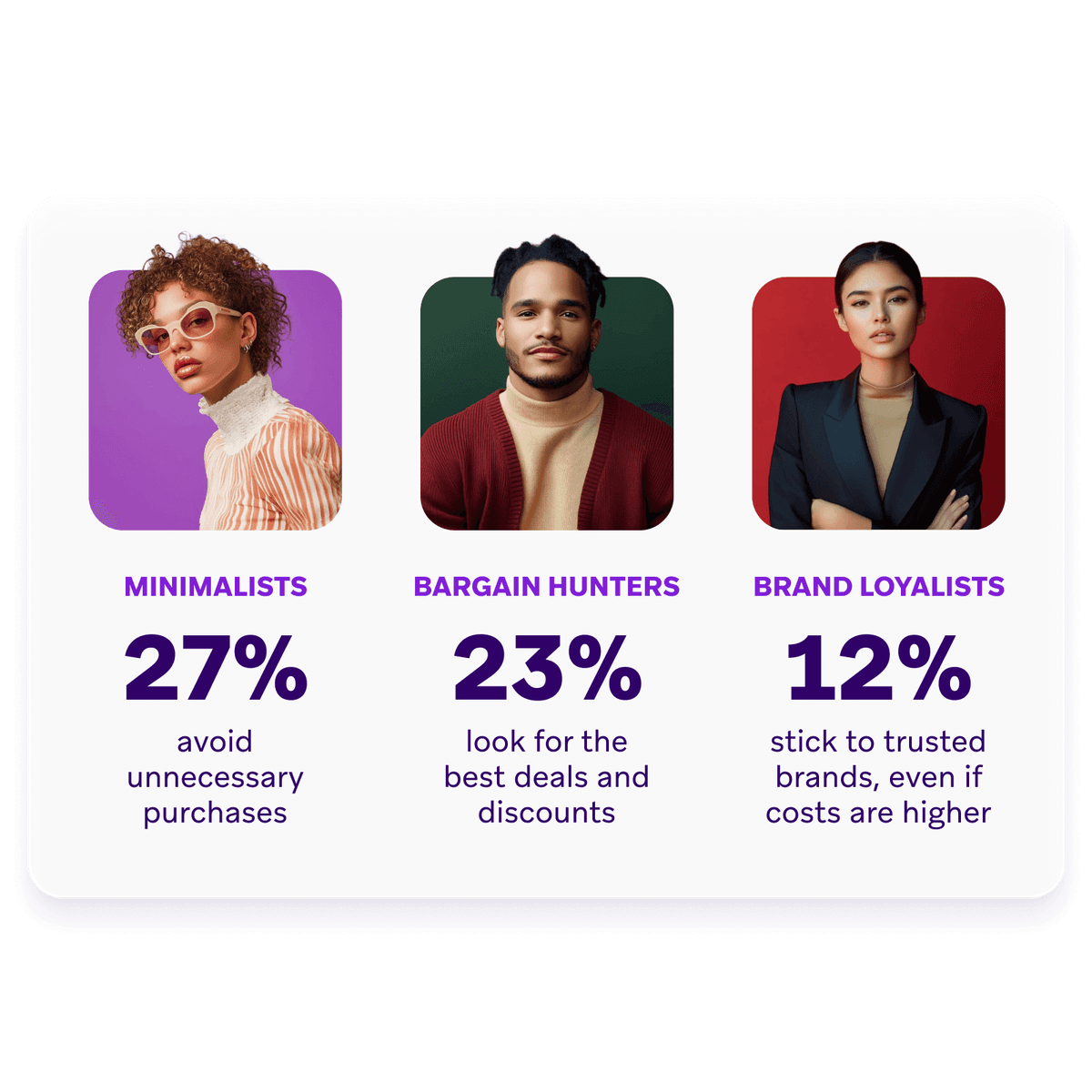 Data visualization graphic showing three shopper segments: 27% Minimalists who avoid unnecessary purchases, 23% Bargain Hunters who look for the best deals, and 12% Brand Loyalists who stick to trusted brands.