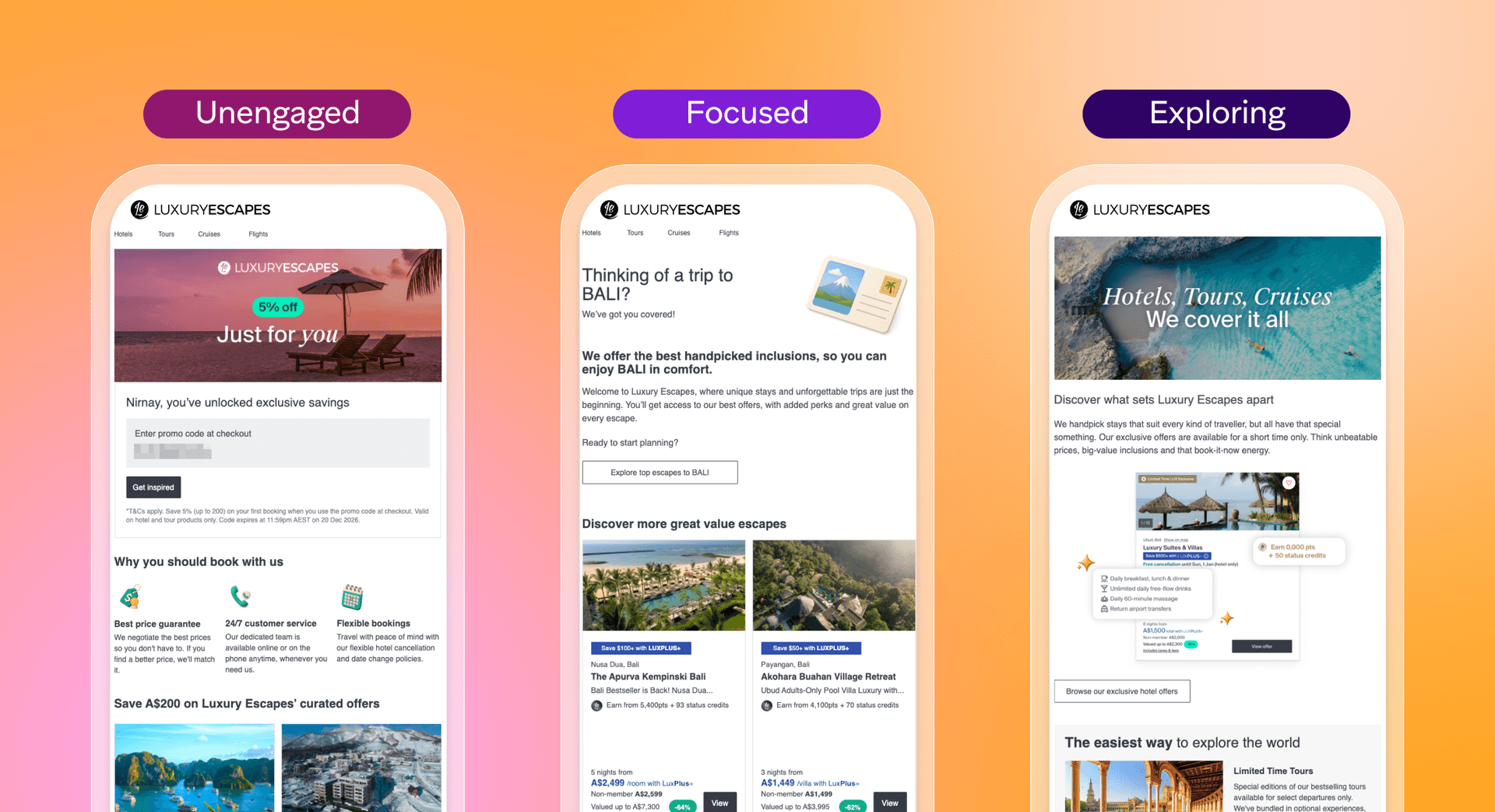 Three phone screens showing images for unengaged, focused, and exploring users