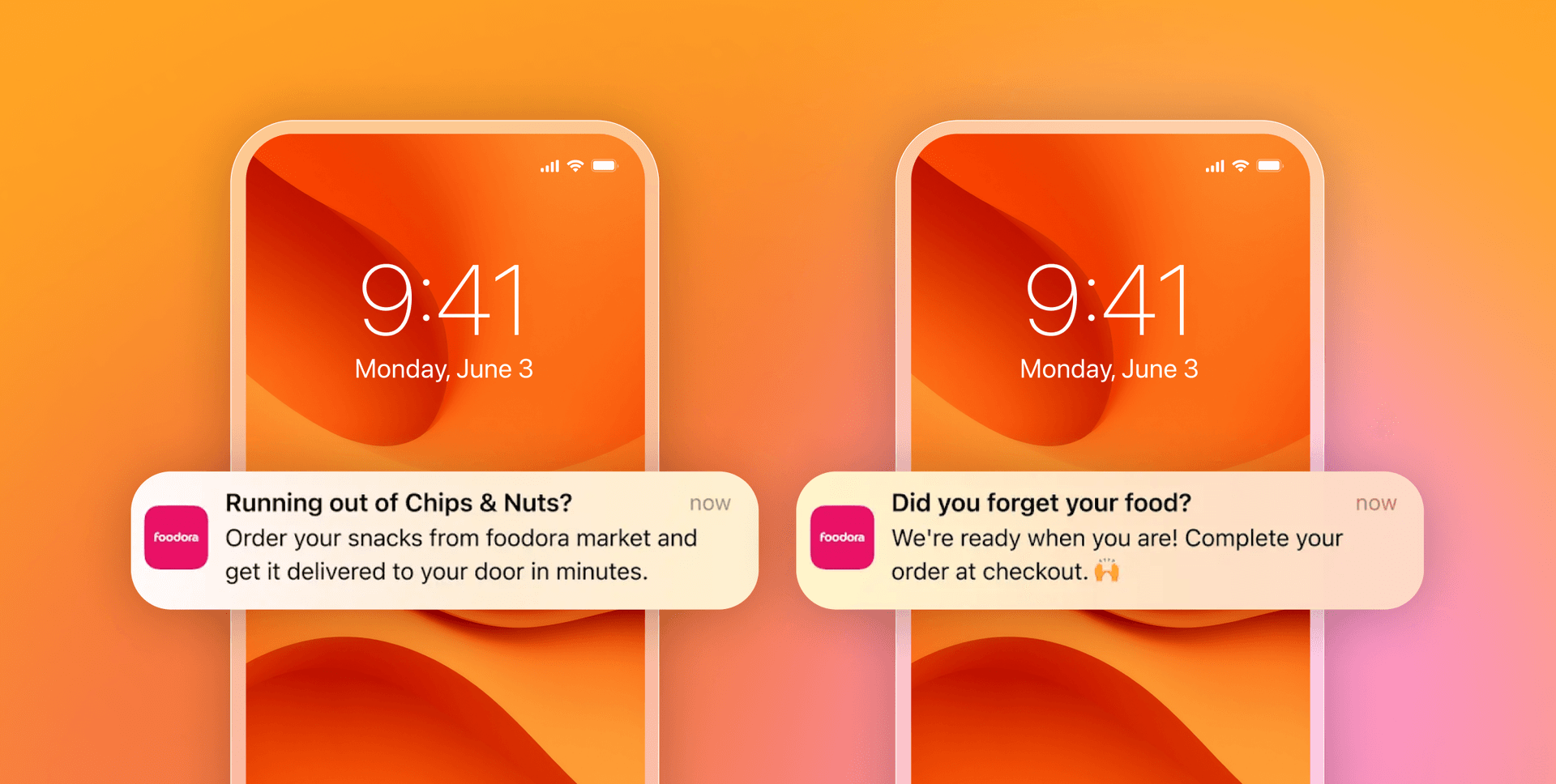 Two messages from Foodora that say running out of chips and nuts and did you forget your food