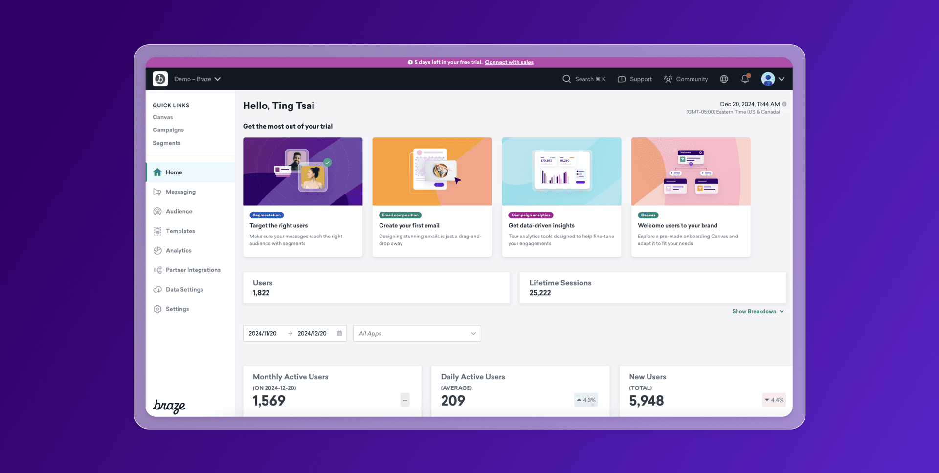 a computer screen shows a dashboard with a purple background
