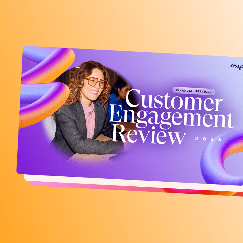 A presentation slide titled "Customer Engagement Review 2026" for "Financial Services," featuring a smiling woman, abstract purple and orange shapes, and the Braze logo.