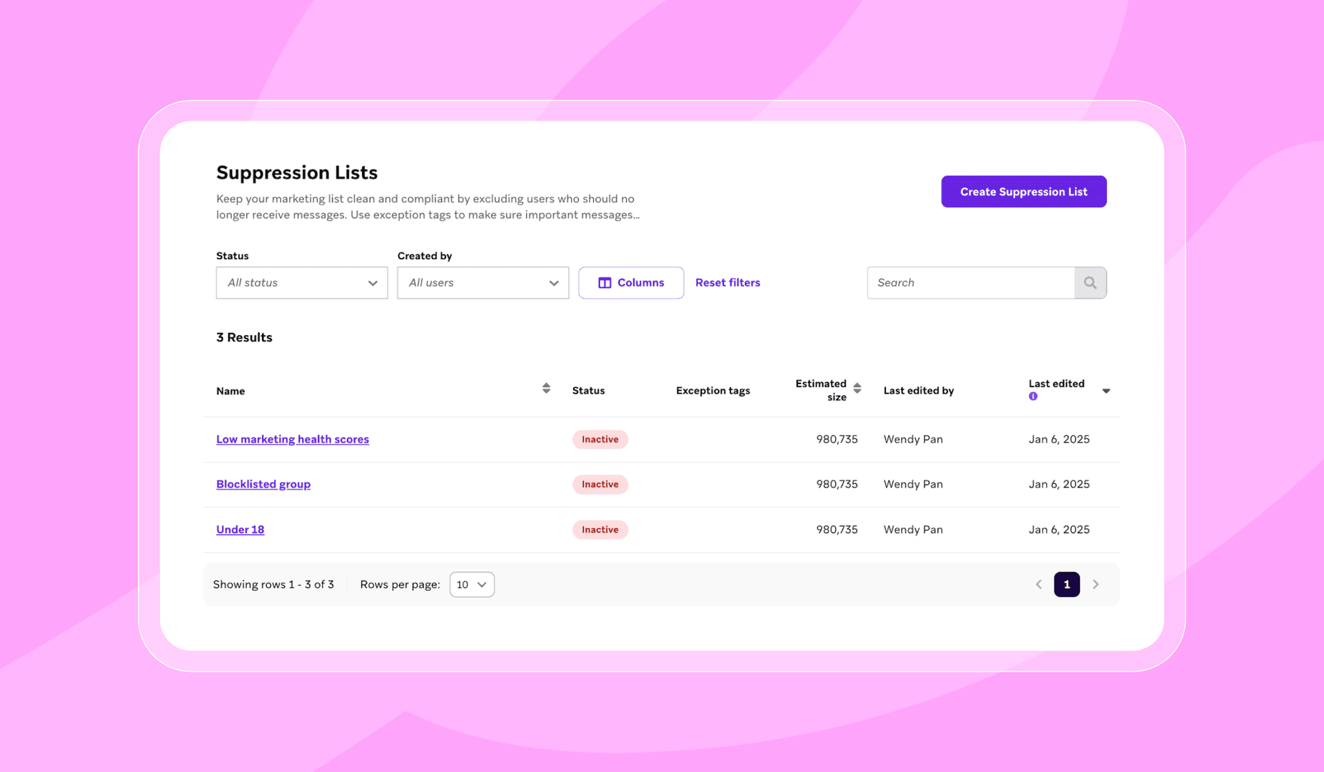 a screenshot of a suppression lists page on a pink background .