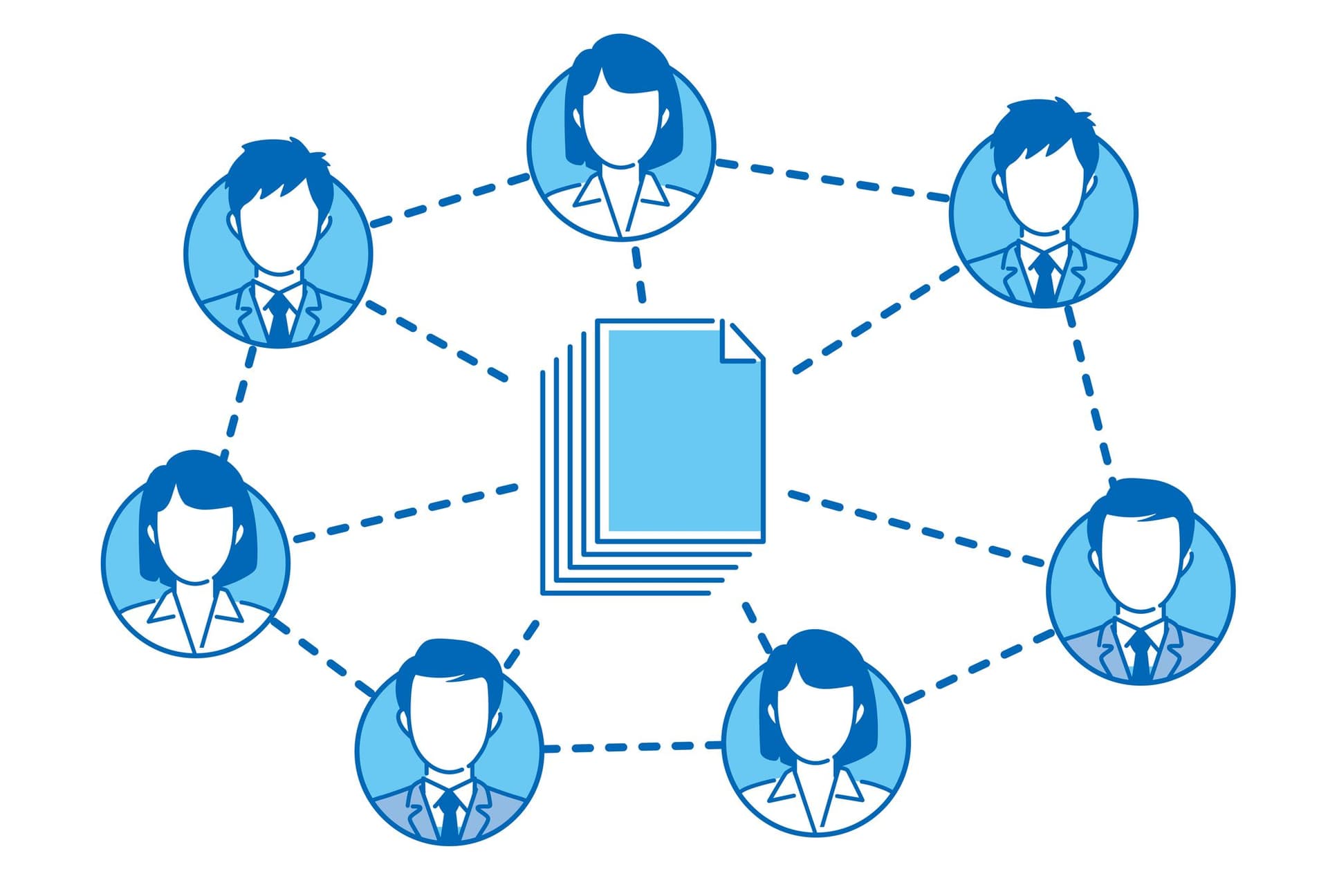 a group of people are connected to each other and a stack of papers .