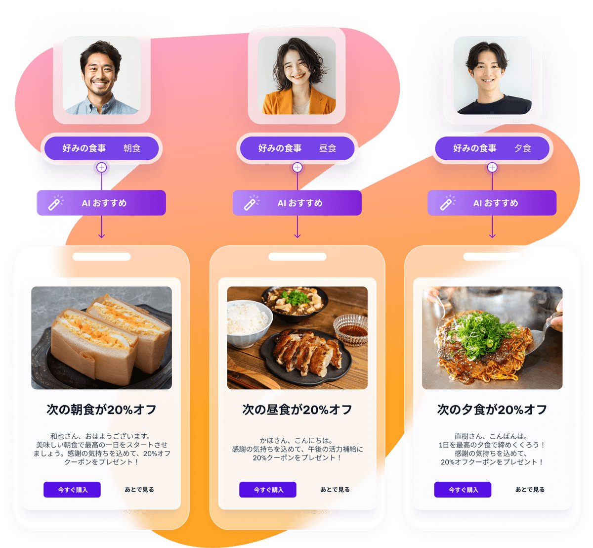 three cell phones are displaying different types of food