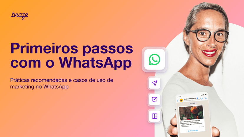 a woman holding a cell phone with the words " primeiros passos com o whatsapp " above her