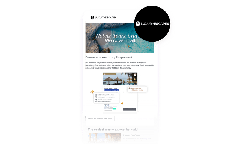 Mobile phone displaying Luxury Escapes website with tropical beach imagery and travel offers.
