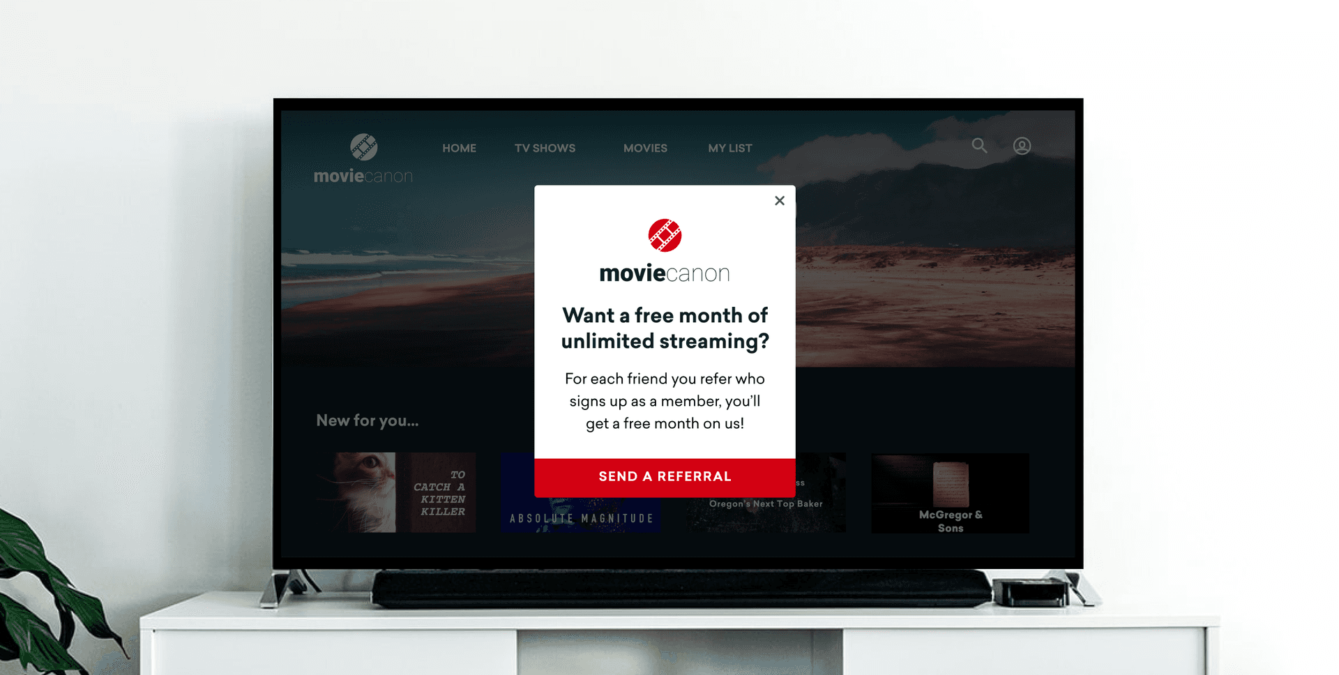 a tv screen displays a popup for movie canon