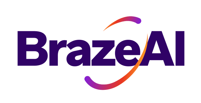BrazeAI logo with purple text and gradient curved lines.