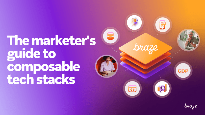 a purple and orange graphic that says the marketer 's guide to composable tech stacks