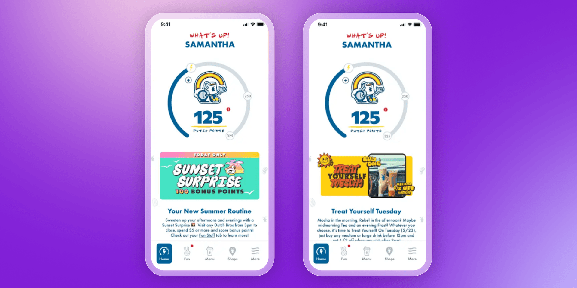 Two smartphone screens display a loyalty app dashboard, featuring "Puttin' Points" progress and promotional banners for "Sunset Surprise" and "Treat Yourself Tuesday."