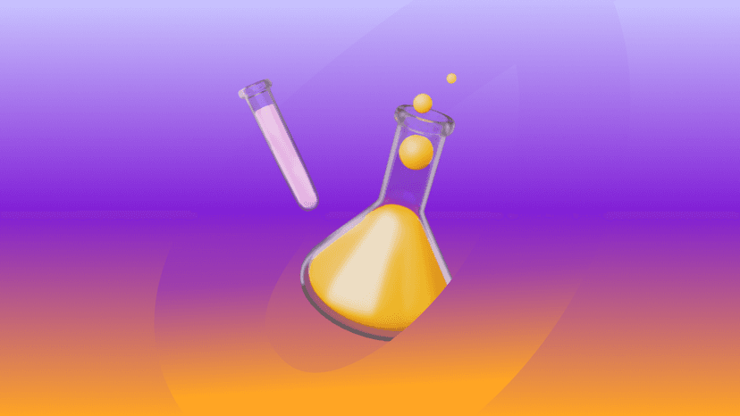 a beaker and a test tube are floating in the air on a purple and orange background .
