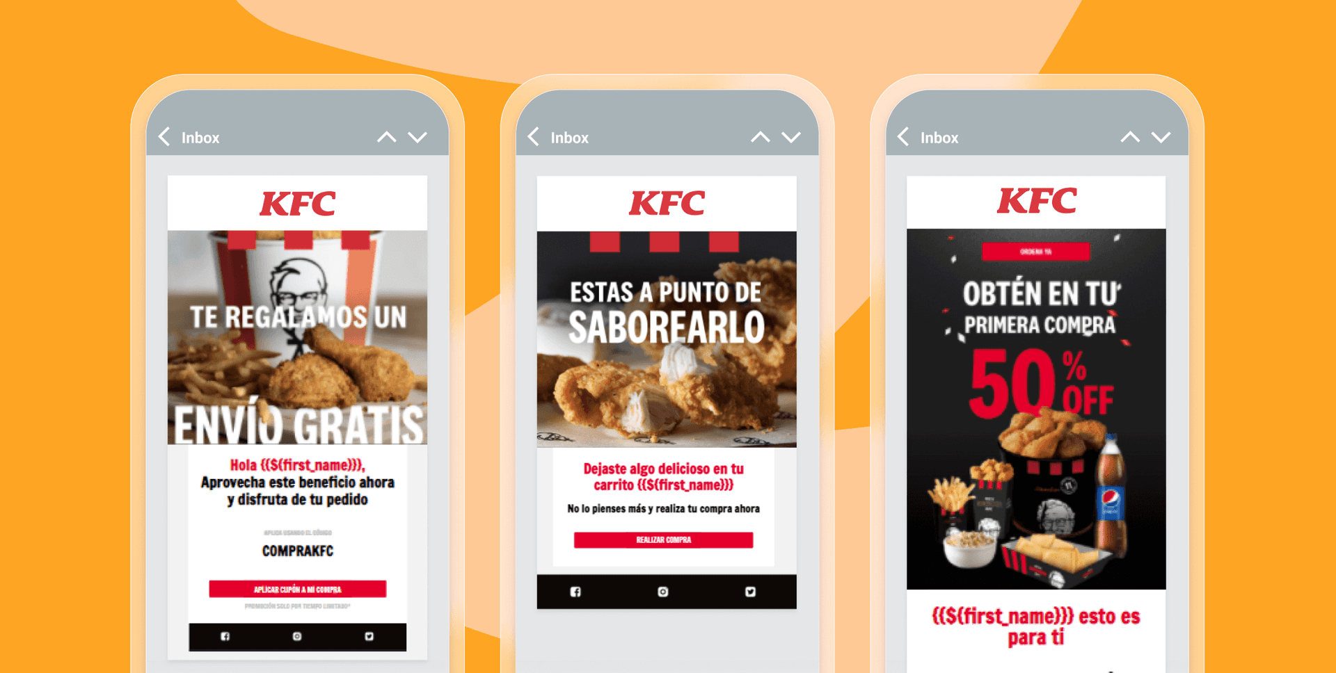 Three smartphones displaying KFC marketing emails in Spanish with promotions for fried chicken, including free shipping and discounts.