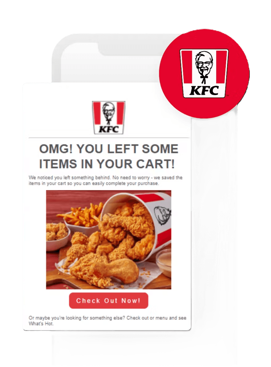 a kfc advertisement on a phone that says omg you left some items in your cart