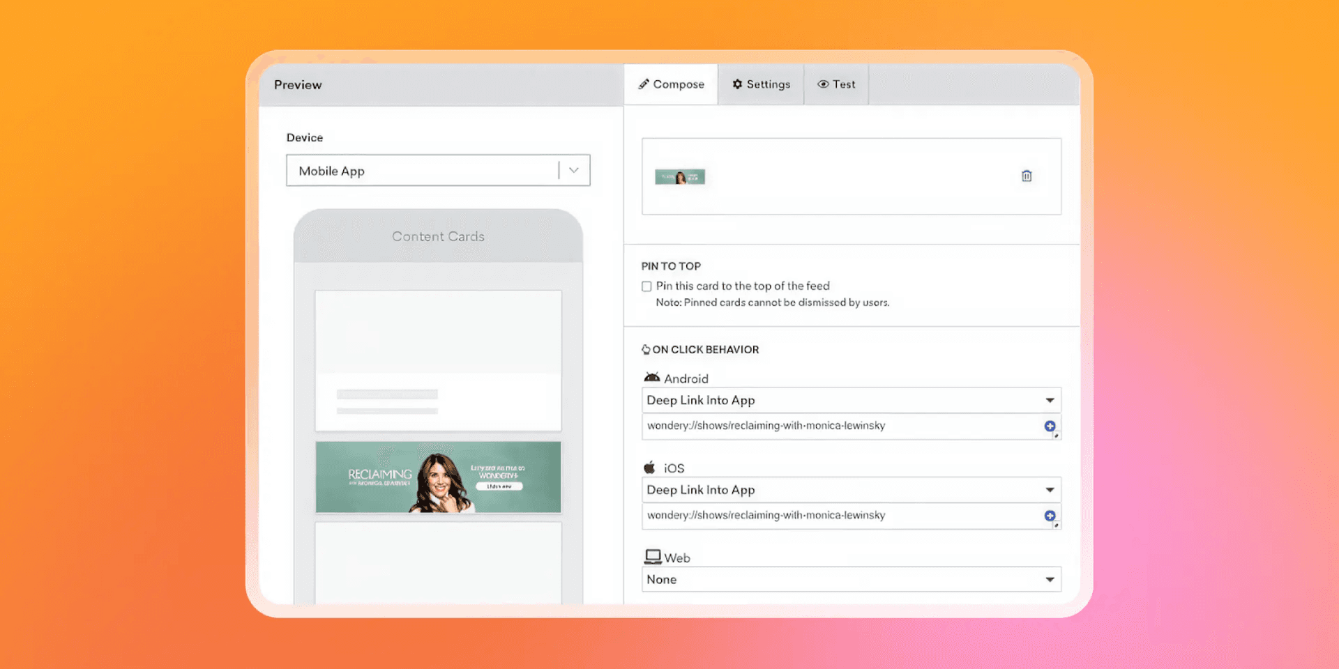 A content management interface displaying a mobile app preview on the left and content card settings, including deep links, on the right.