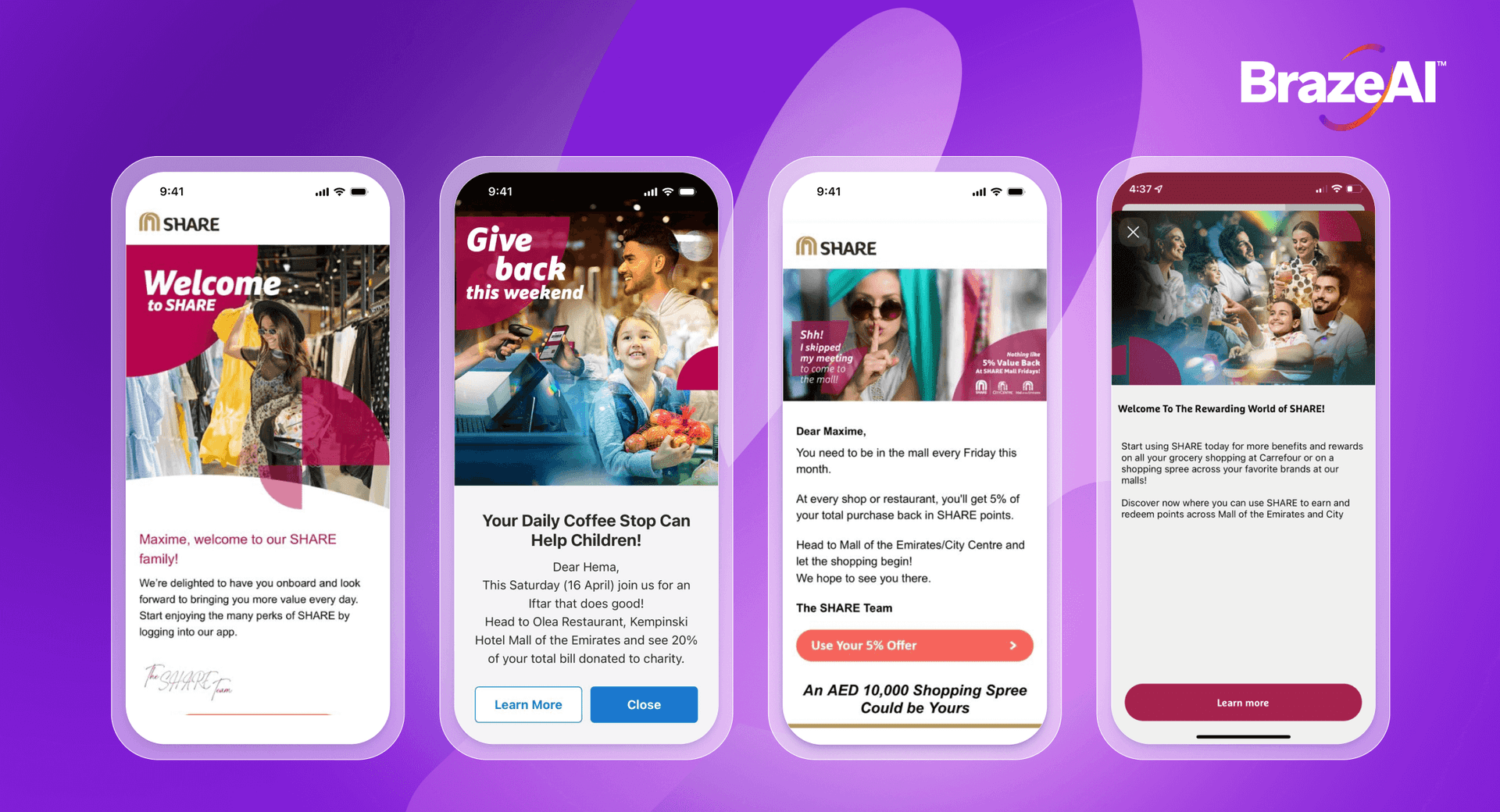 quatre écrans de téléphone montrant l’application Majid al Futtaim