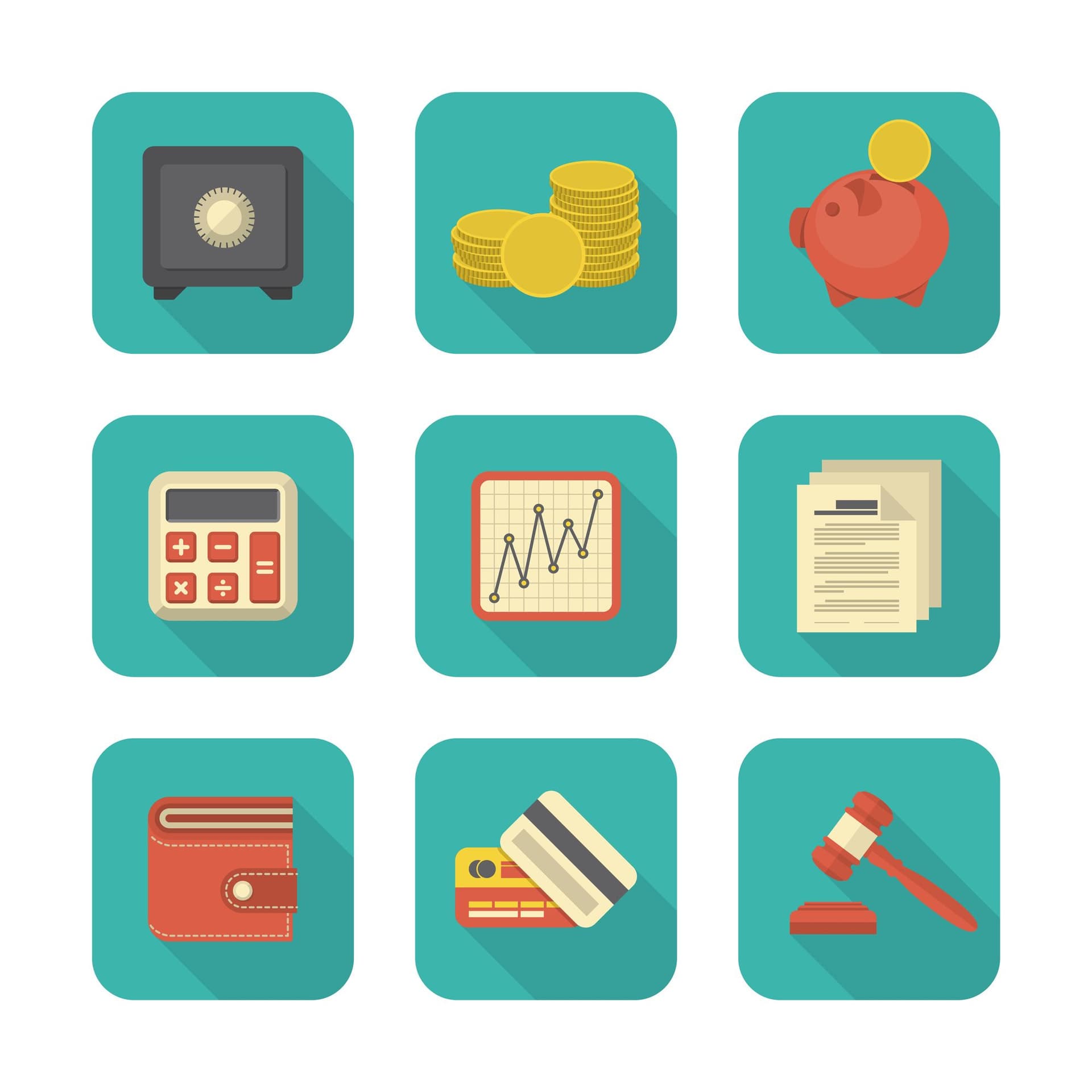 a set of financial icons in a flat style with a long shadow .