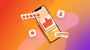 Smartphone surrounded by icons for social media likes, star ratings, and comments.