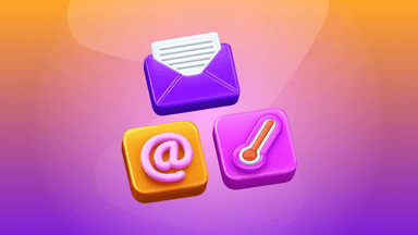 Three 3D icons: an open email envelope, an '@' symbol, and a thermometer.