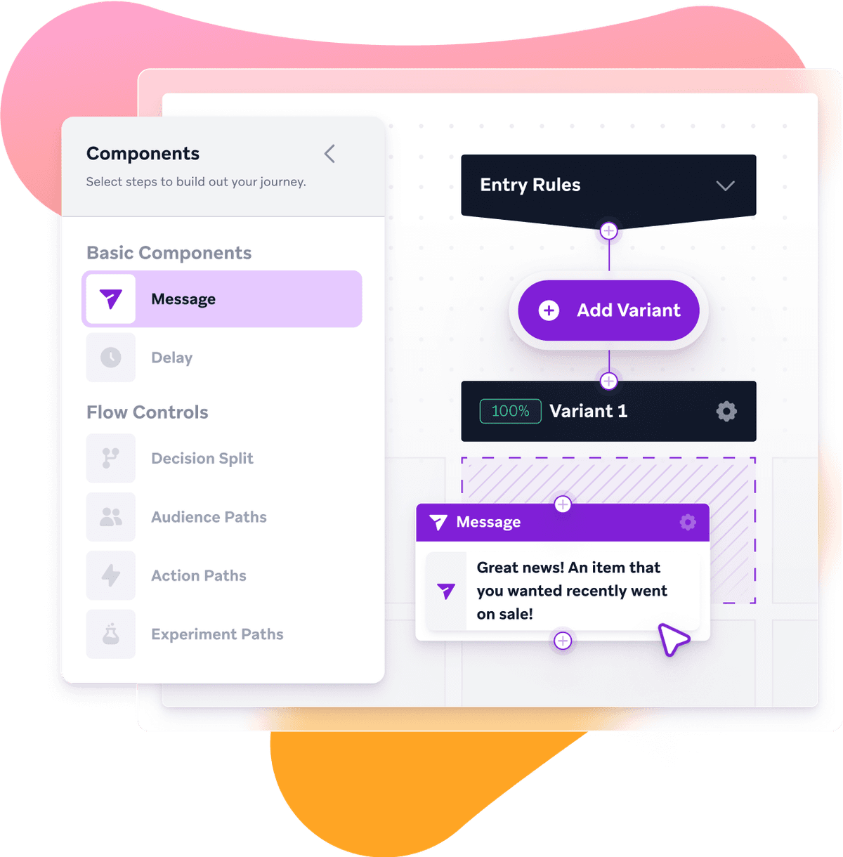 Intuitive tools for designing personalized customer journeys, in this case entry rules and variants