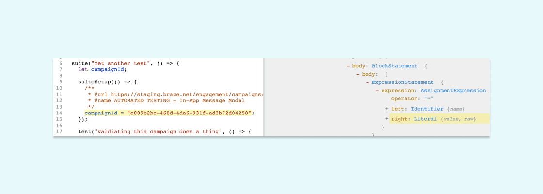 Notice the difference between an AssignmentExpression here and VariableDeclaration above.