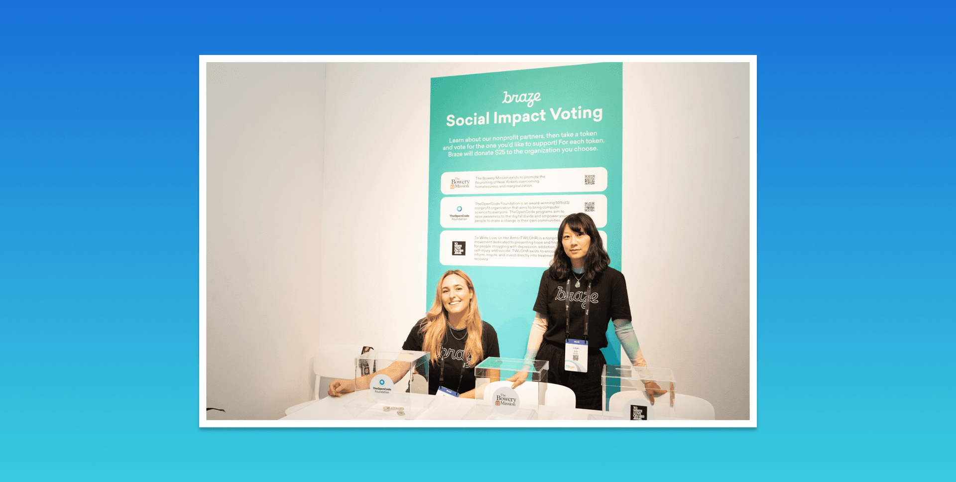 two women standing in front of a sign that says social impact voting