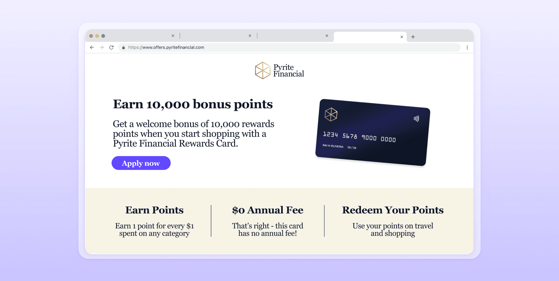 Web page for Pyrite Financial Rewards Card, displaying a dark credit card and details about earning 10,000 bonus points and no annual fee.